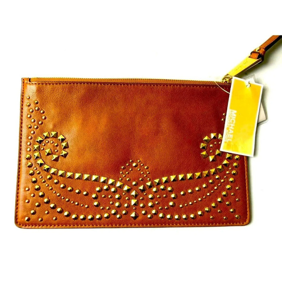 Michael Kors Handbags - Micheal Kors Rhea Luggage Brown Lamb Leather Studded Large Wristlet/Clutch